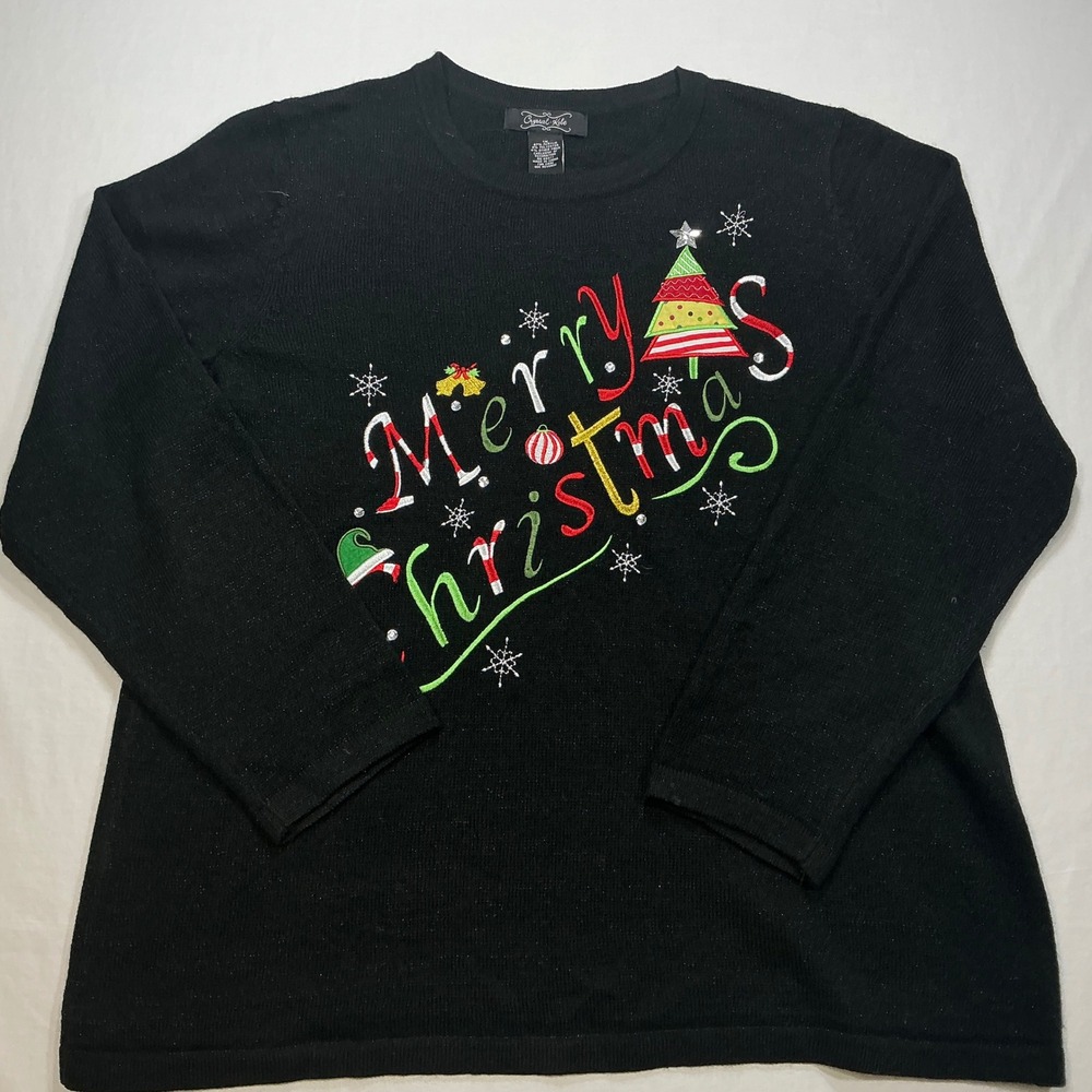 Crystal Kube Women's Black Merry Christmas Embroidered Sweater Size XL